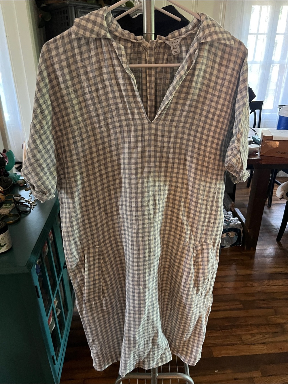 Jigsaw 100% Linen Gingham Midi Dress Blue White Relaxed Fit Pockets US 6